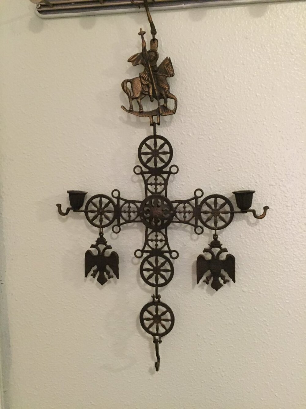 Vintage Byzantine Hanging Metal Cross Candle Holder 25" St. George